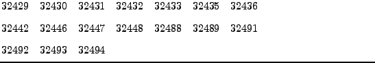 $\textstyle \parbox{12cm}{32429 \,\, 32430 \,\, 32431 \,\, 32432 \,\, 32433 \,\,...
...32448 \,\, 32488 \,\, 32489 \,\, 32491 \\ [3mm]
32492 \,\, 32493 \,\, 32494
}$
