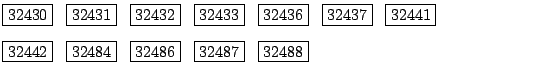 $\textstyle \parbox{12cm}{\fbox{32430} \, \fbox{32431} \, \fbox{32432} \, \fbox{...
...\fbox{32484} \, \fbox{32486} \, \fbox{32487} \, \fbox{32488} \, %fbox{32488}
}$